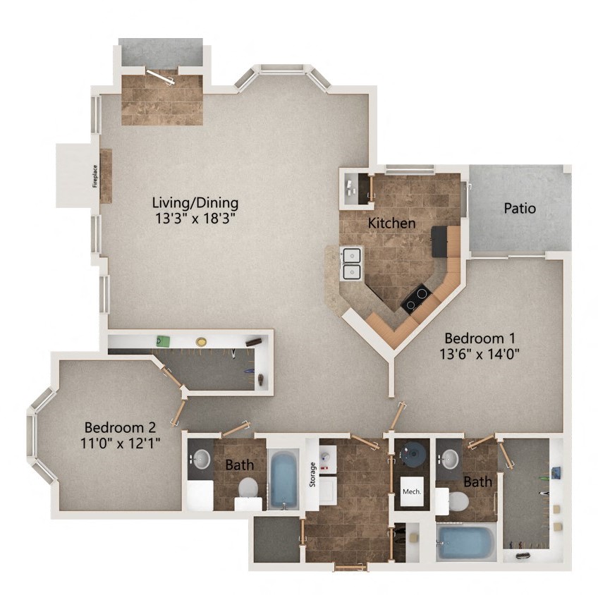 Floor plan for 2 beds, 2 baths, 1426 sqft